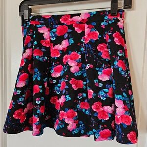 Girls Floral Skater Skirt Pink Blue‎ Rose Black Waffle Knit Size 10/12 Spring